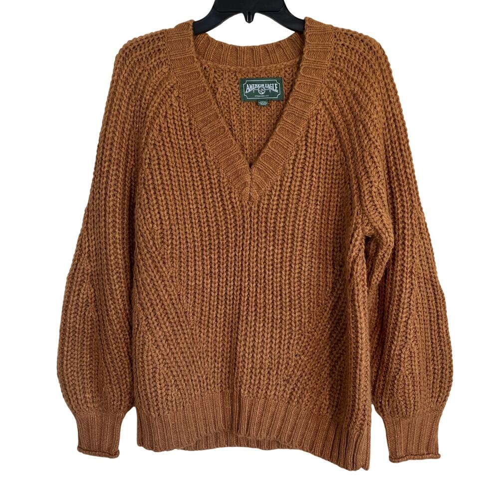 American Eagle Sz S Oversized V-neck Chunky Knit Sweater Caramel Brown